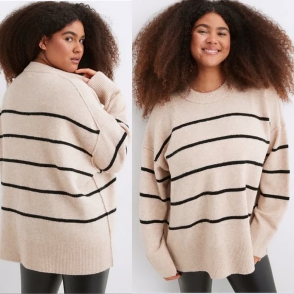 aerie Sweaters - AERIE Unreal Sweater Striped Tan Black Oversized Chunky  Cozy Lounge Trendy XXS